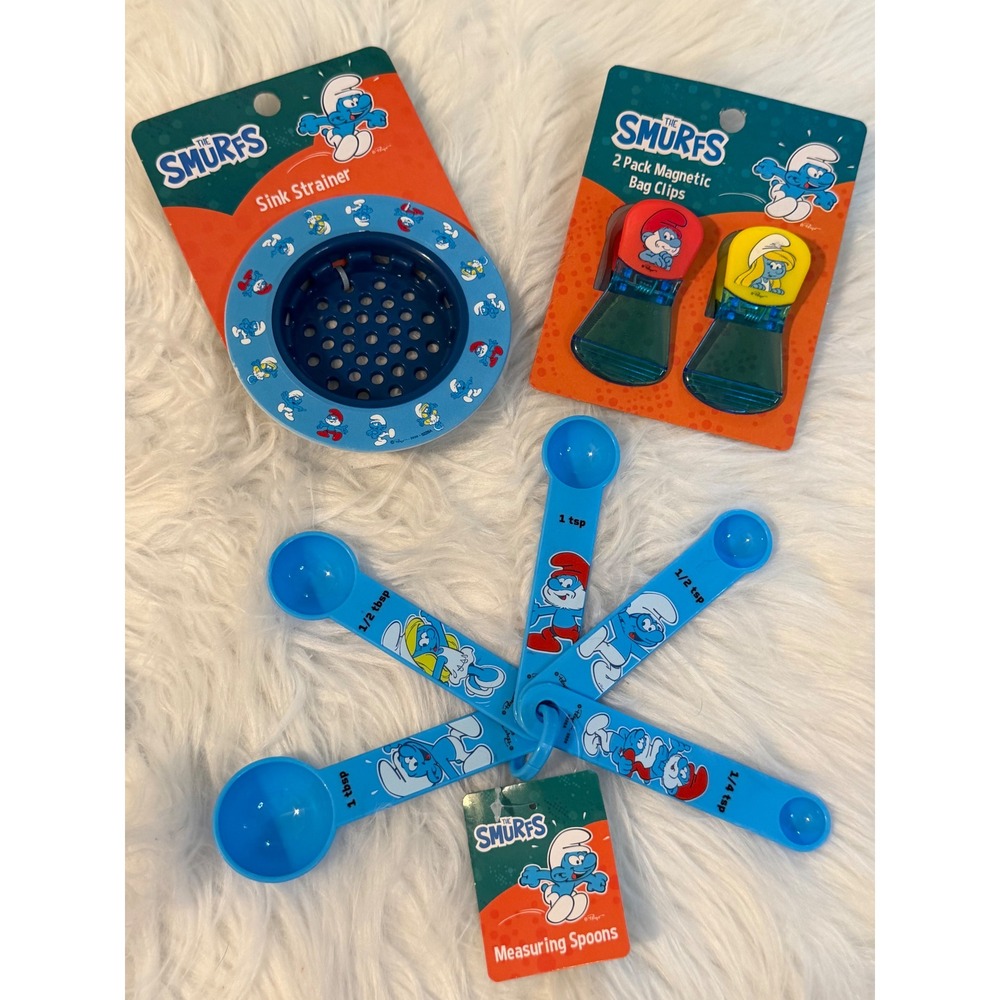 The Smurfs Kitchen Bundle Measuring Spoons Sink Strainer Magnetic Bag Clips NEW